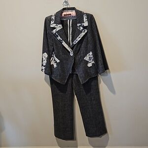 CANVASBACKS VINTAGE LINEN BLEND PANTSUIT BLUISH GREY WITH PRINT ACCENTS SIZE 6/8